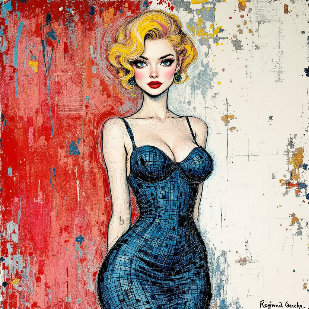Glamorous retro blonde woman in a fitted blue dress poses against an abstract paint splatter background