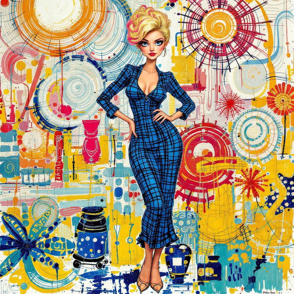 Stylized glamorous blonde woman in a blue grid dress stands against a vibrant abstract painted background
