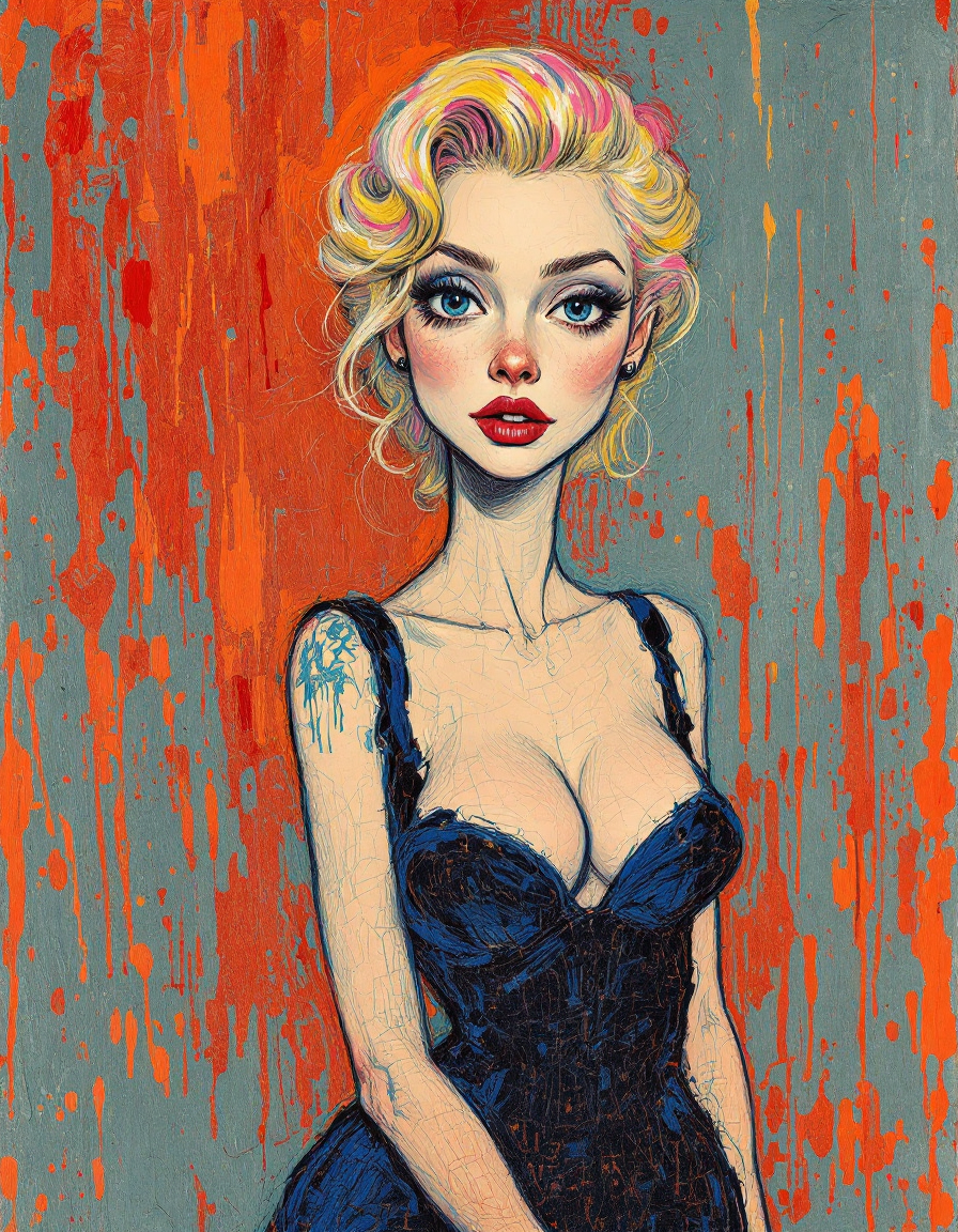 Stylized caricature portrait of a glamorous blonde woman against a paint splatter backdrop