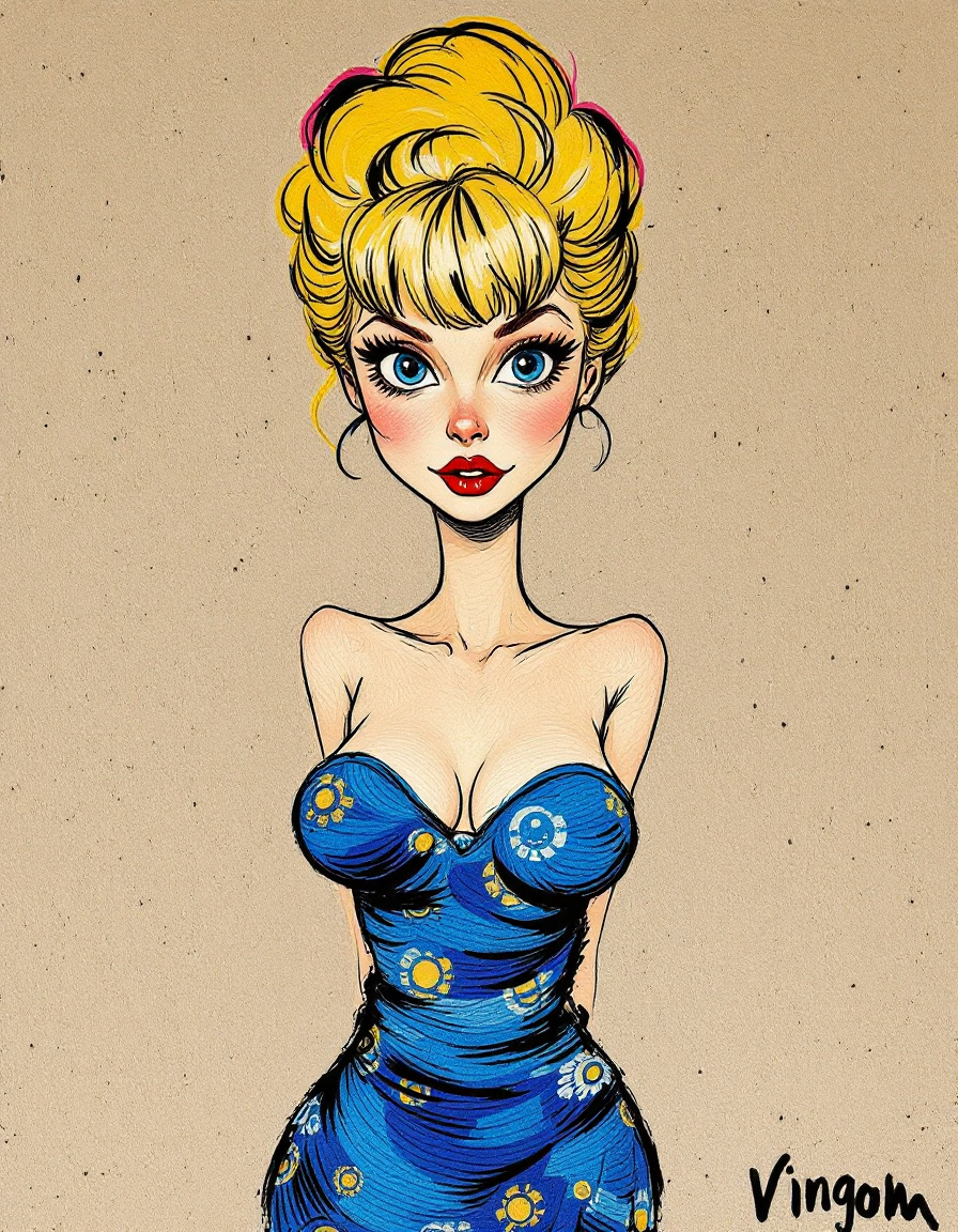 Stylized caricature of a glamorous blonde cartoon woman in a patterned blue strapless dress
