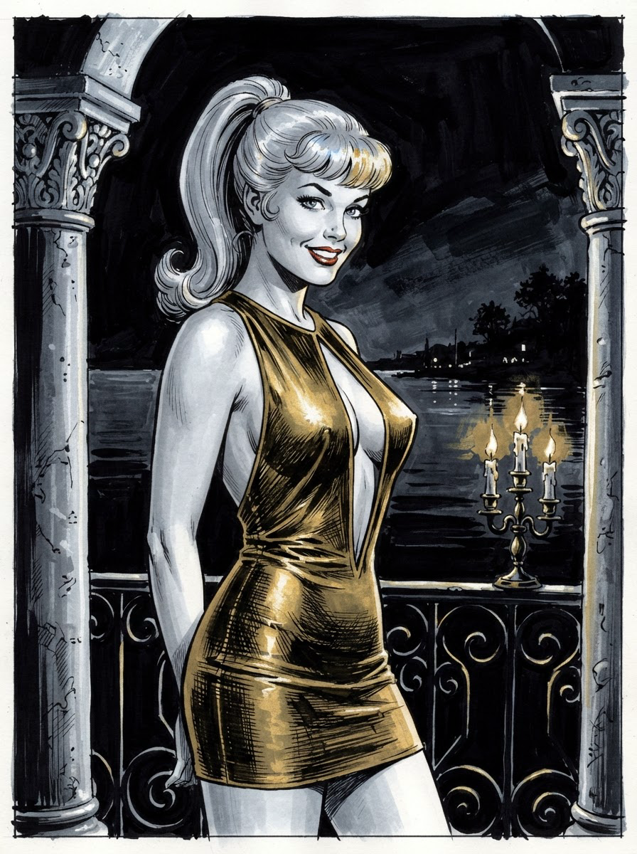 Smiling blonde woman in a shiny gold mini dress stands on a candlelit nighttime riverside balcony