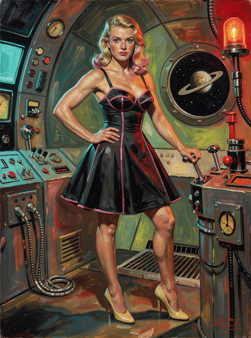 Confident retro sci-fi woman standing at the controls of a vintage ...