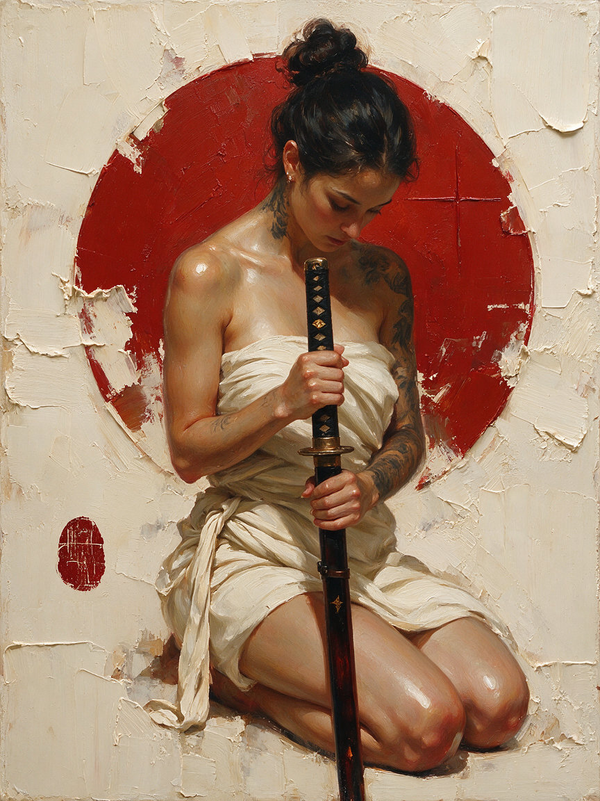 Kneeling tattooed woman wrapped in linen holds a katana against a textured red circular painted background