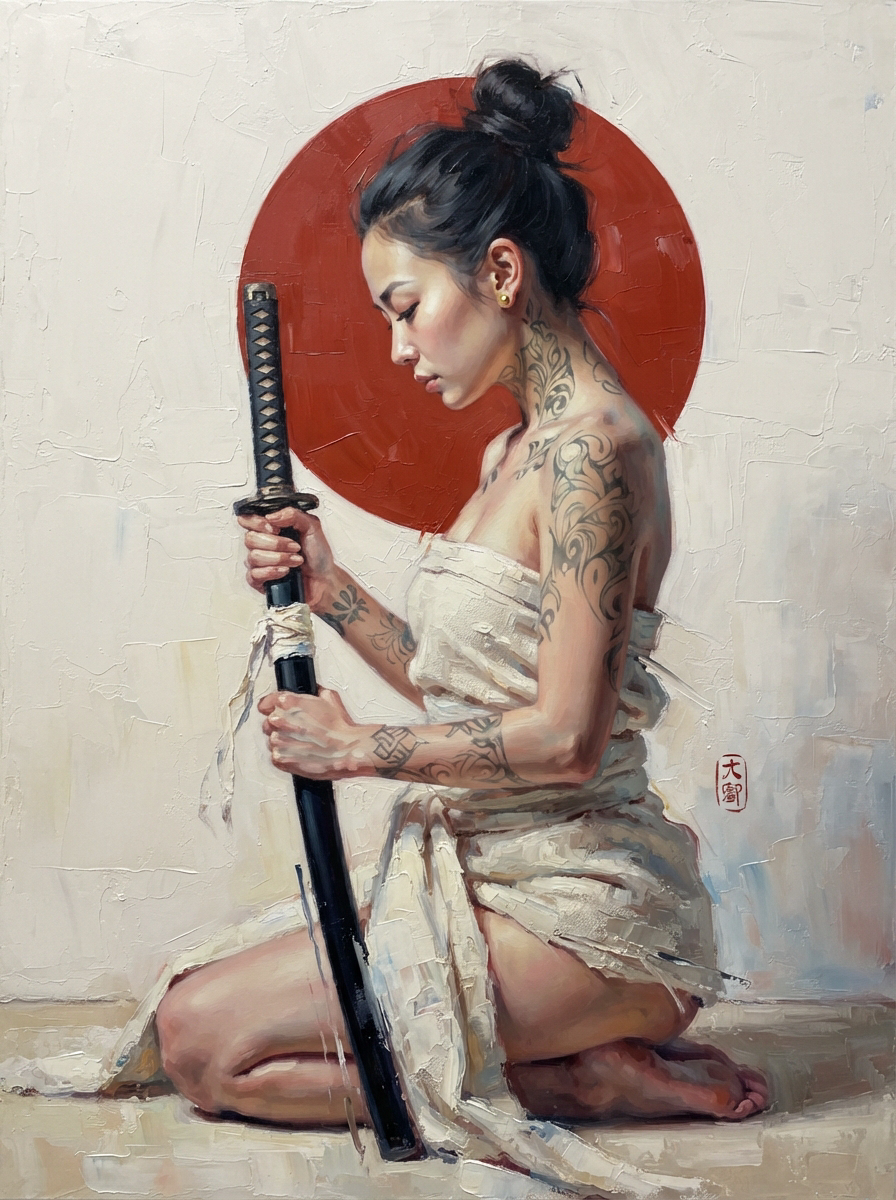 Tattooed kneeling woman in a linen wrap holds a katana, with a red rising sun circle behind her.