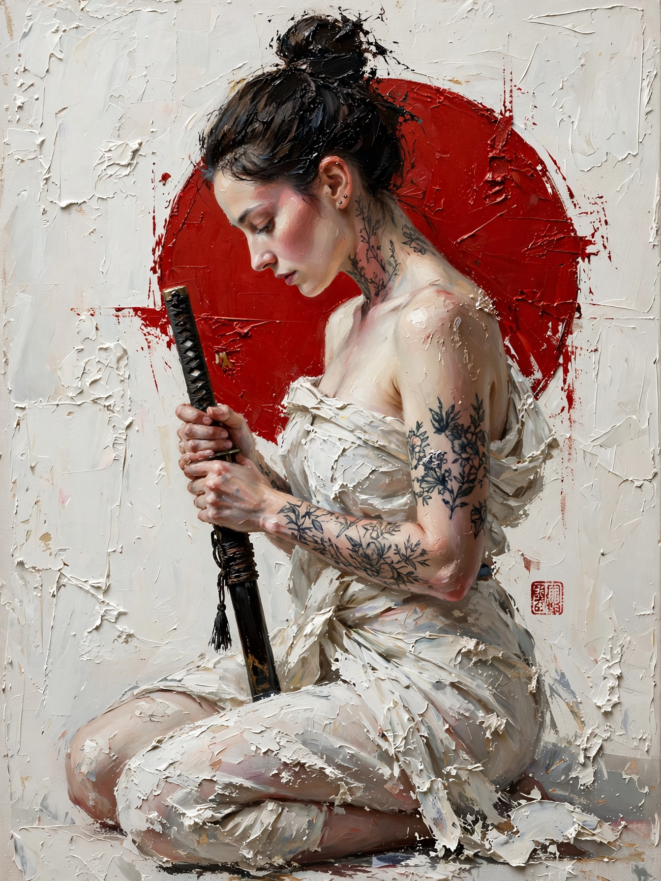 Thick impasto painting of a tattooed kneeling woman holding a katana before a red rising sun motif
