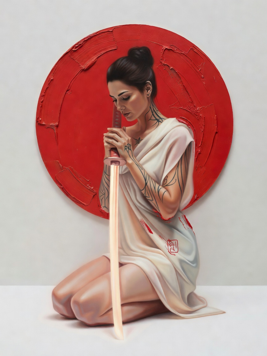 Kneeling tattooed woman holds a katana before a textured red circular sun backdrop