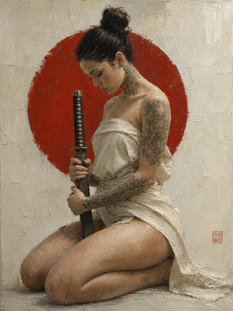 Tattooed kneeling woman holds a katana, posed before a bold red rising sun circle in a textured oil portrait