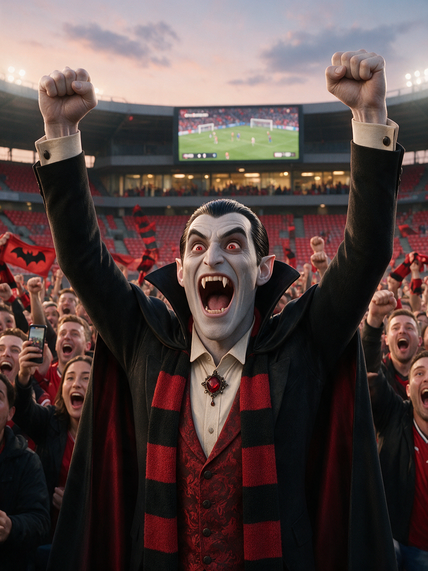 Cheering Count Dracula raises both fists celebrating with soccer fans in a packed football stadium