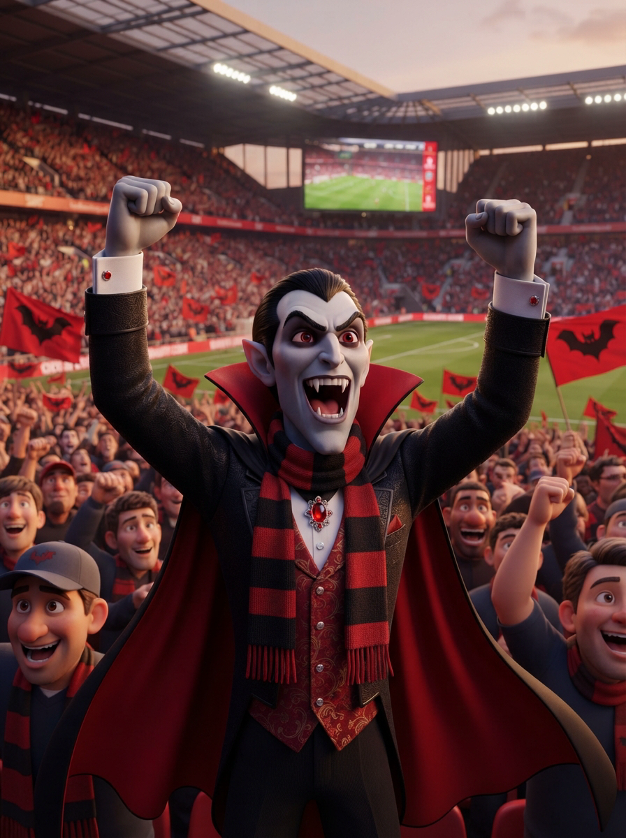 Animated vampire soccer fan cheers with raised fists in a packed football stadium crowd
