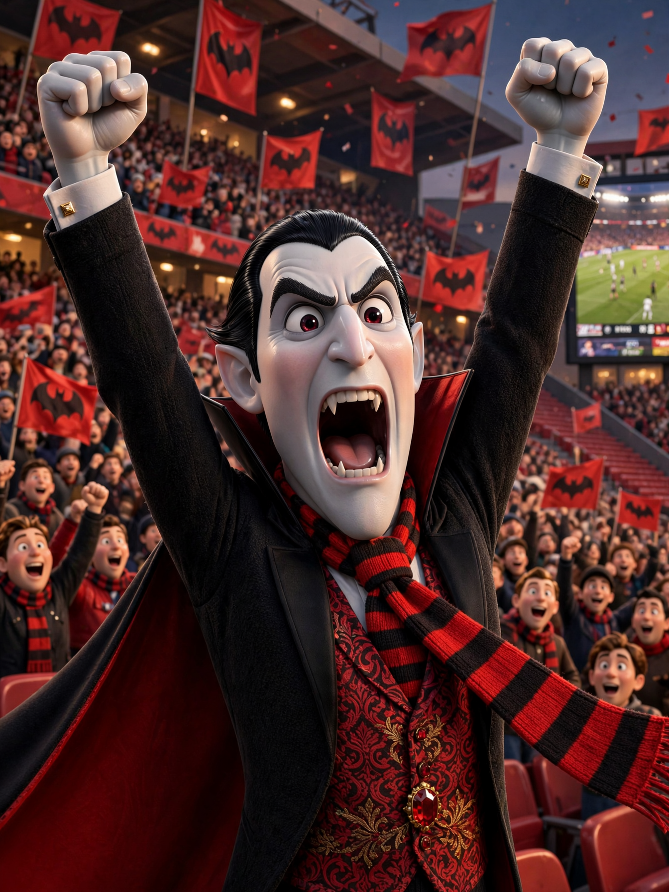 Cheering animated Count Dracula raises fists celebrating at a packed football stadium