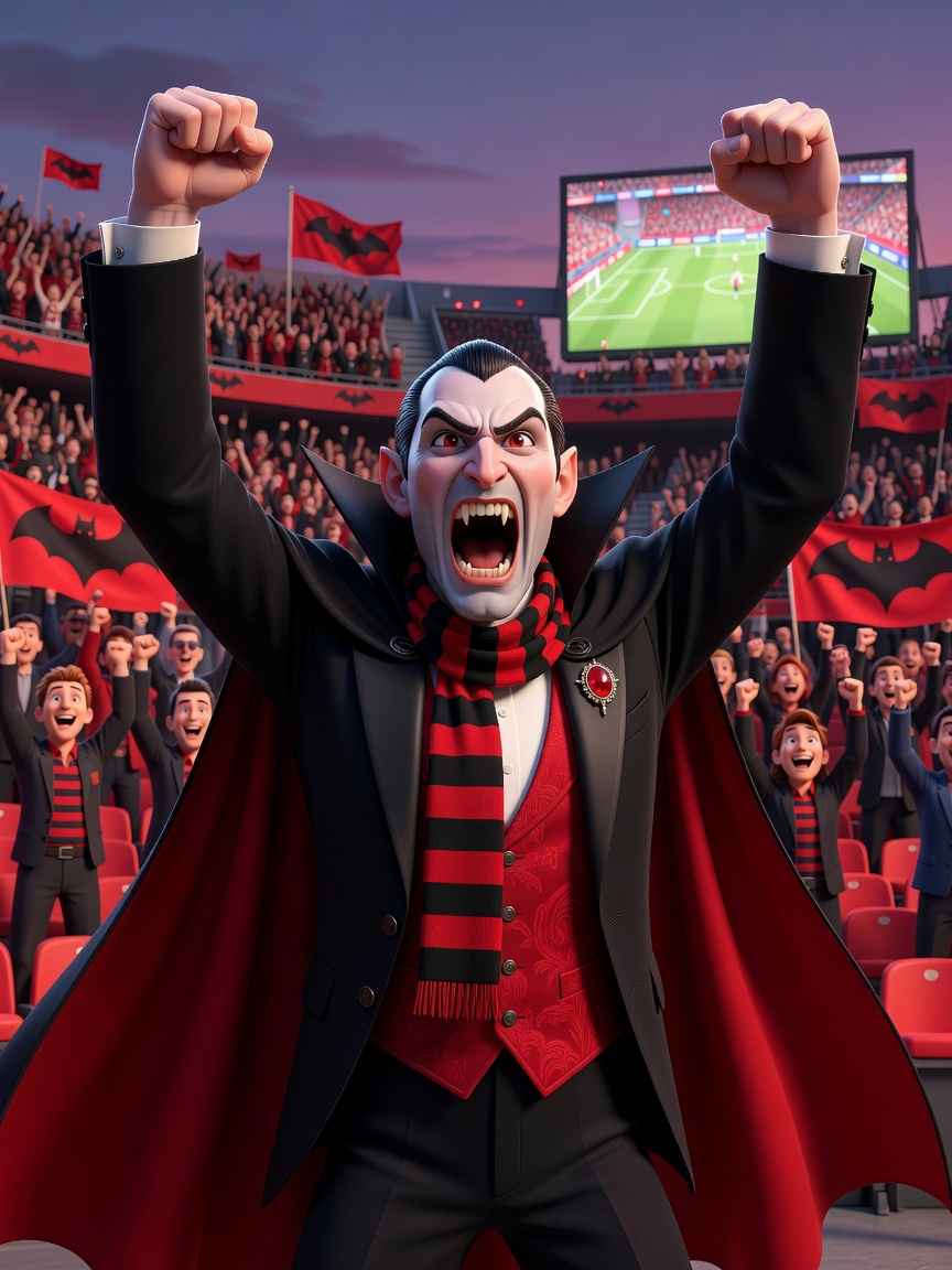 Cartoon Dracula vampire fan raises fists cheering in a crowded twilight soccer stadium