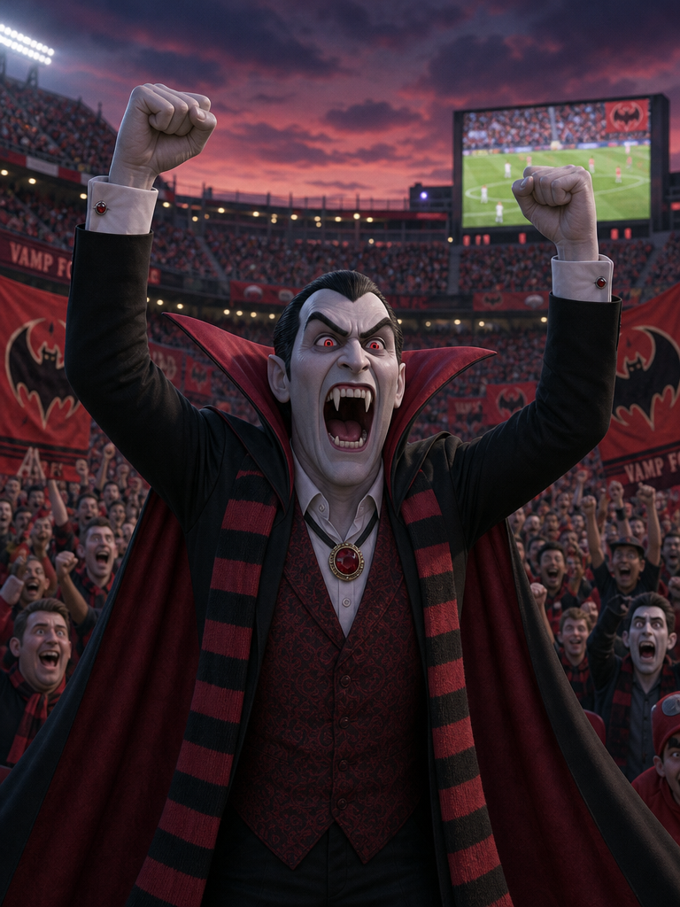 Cheering Count Dracula vampire raises his fists celebrating at a packed sunset football stadium