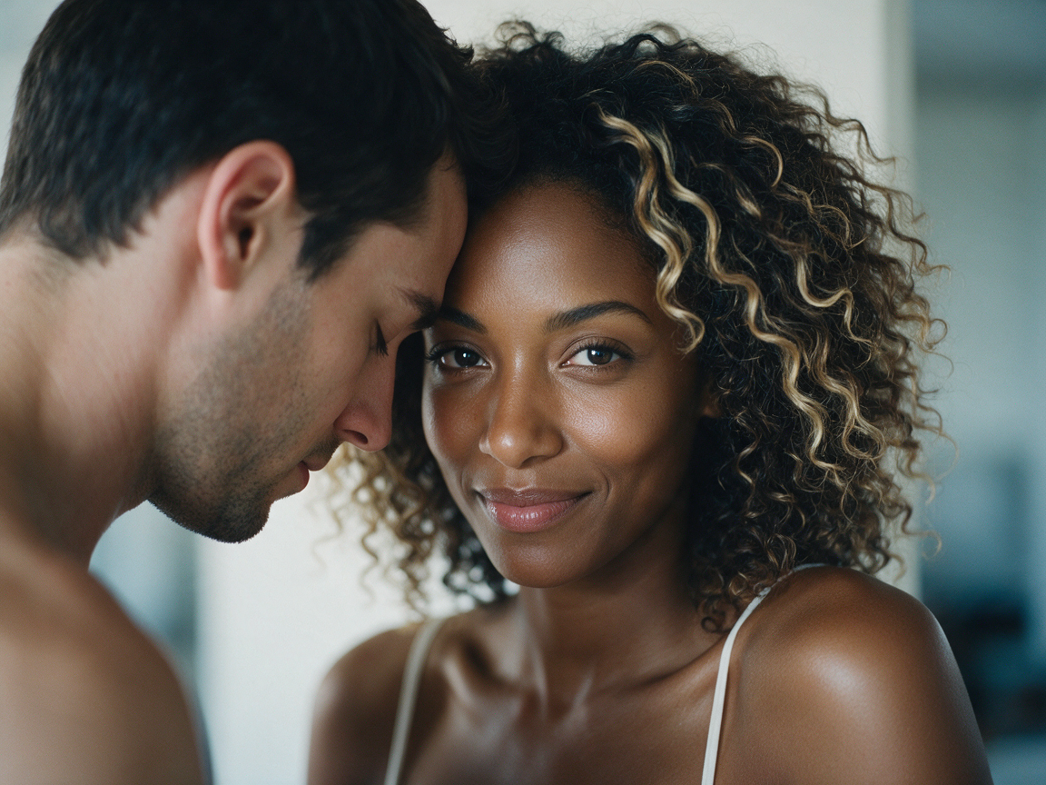 Affectionate interracial couple pressing foreheads, woman smiling softly at the camera