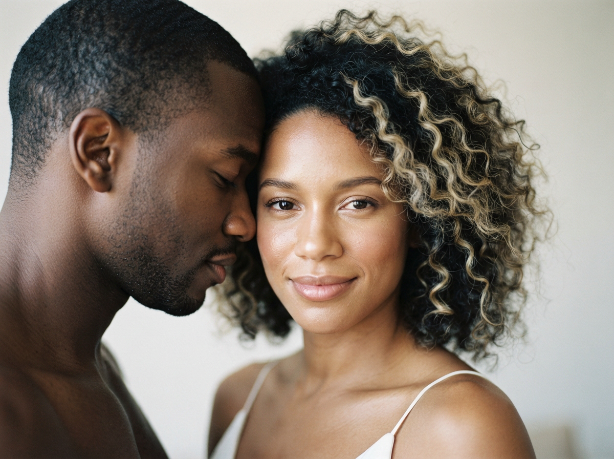 Tender intimate portrait of a Black couple touching foreheads, the woman smiling softly at the camera