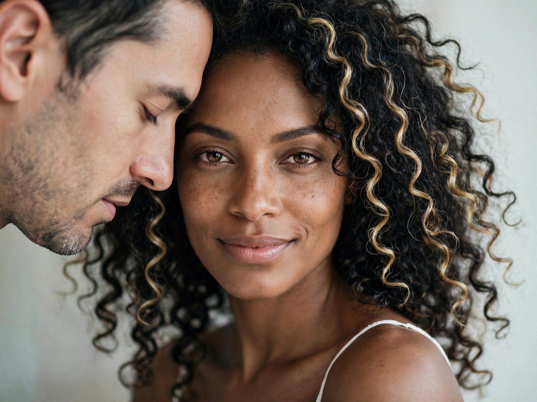 Intimate close up portrait of a diverse couple resting their heads gently together, woman looking softly at the camera