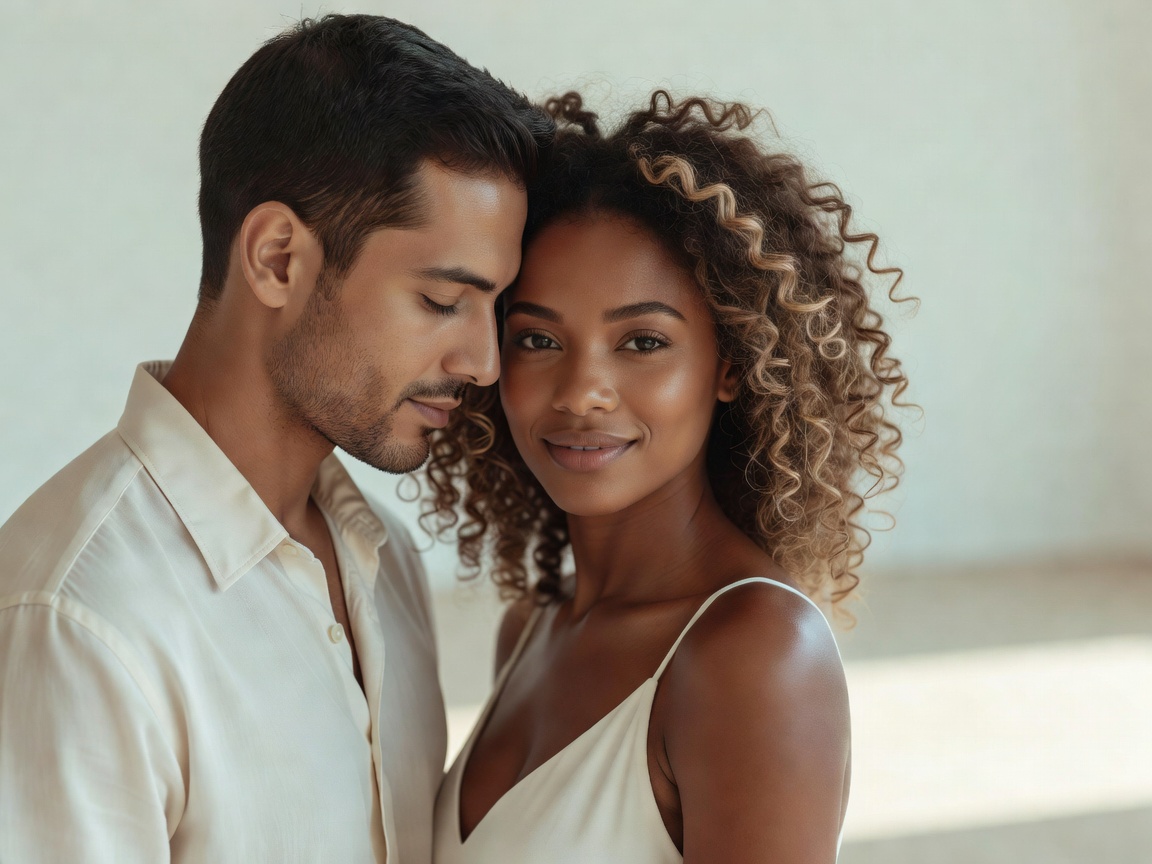 Loving interracial couple standing close together in soft warm indoor studio lighting