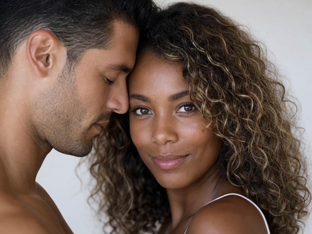 Close up portrait of an affectionate interracial couple resting their foreheads together