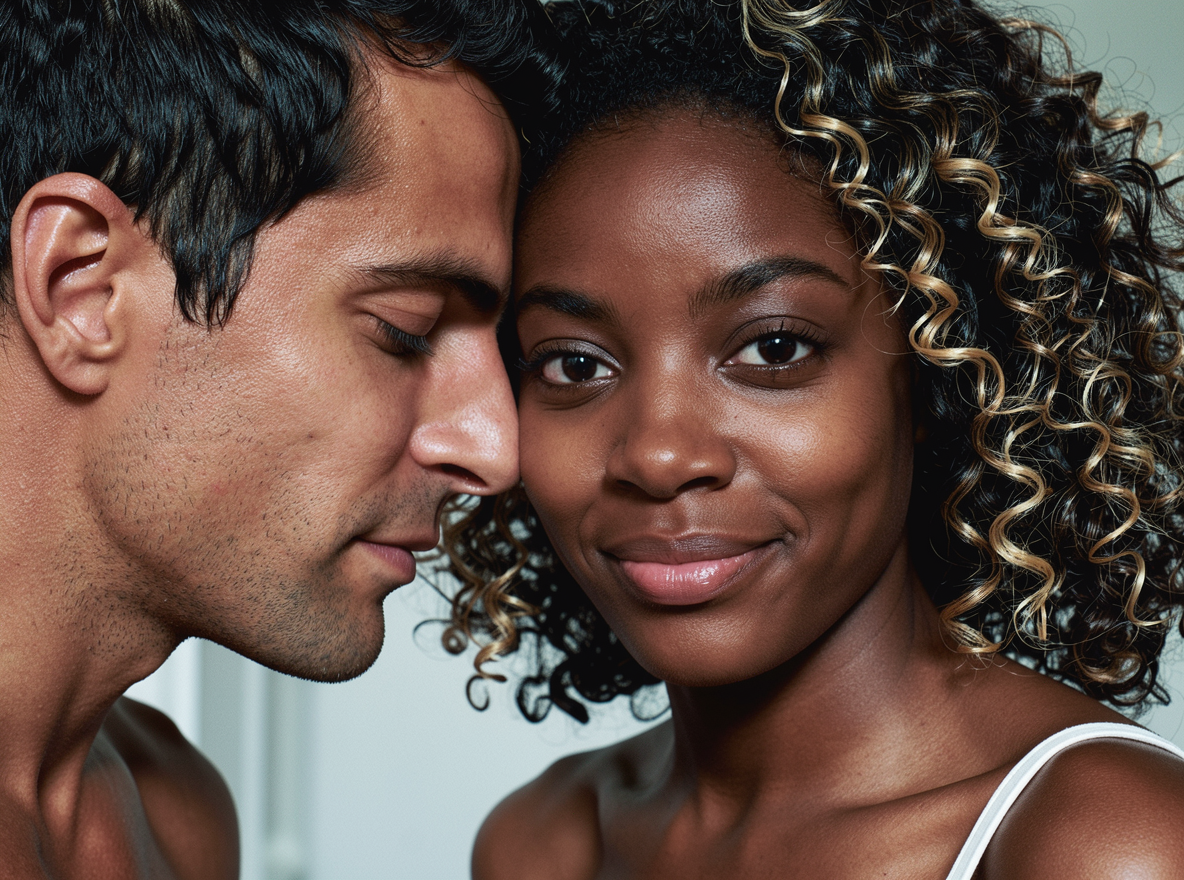 Intimate close-up portrait of an interracial couple sharing a tender quiet moment