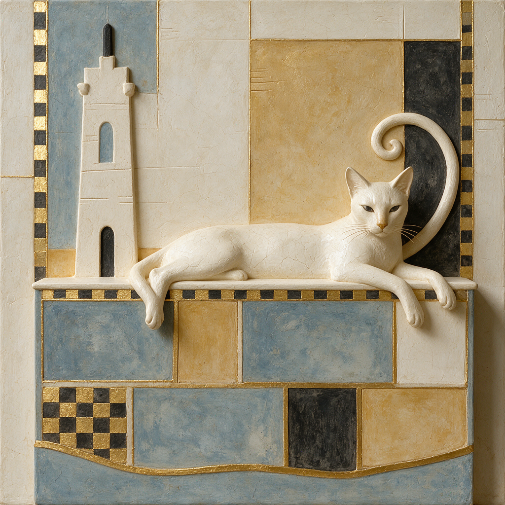 Bas-relief sculpted panel of a reclining white cat with a spiral tail next to a small stylized tower