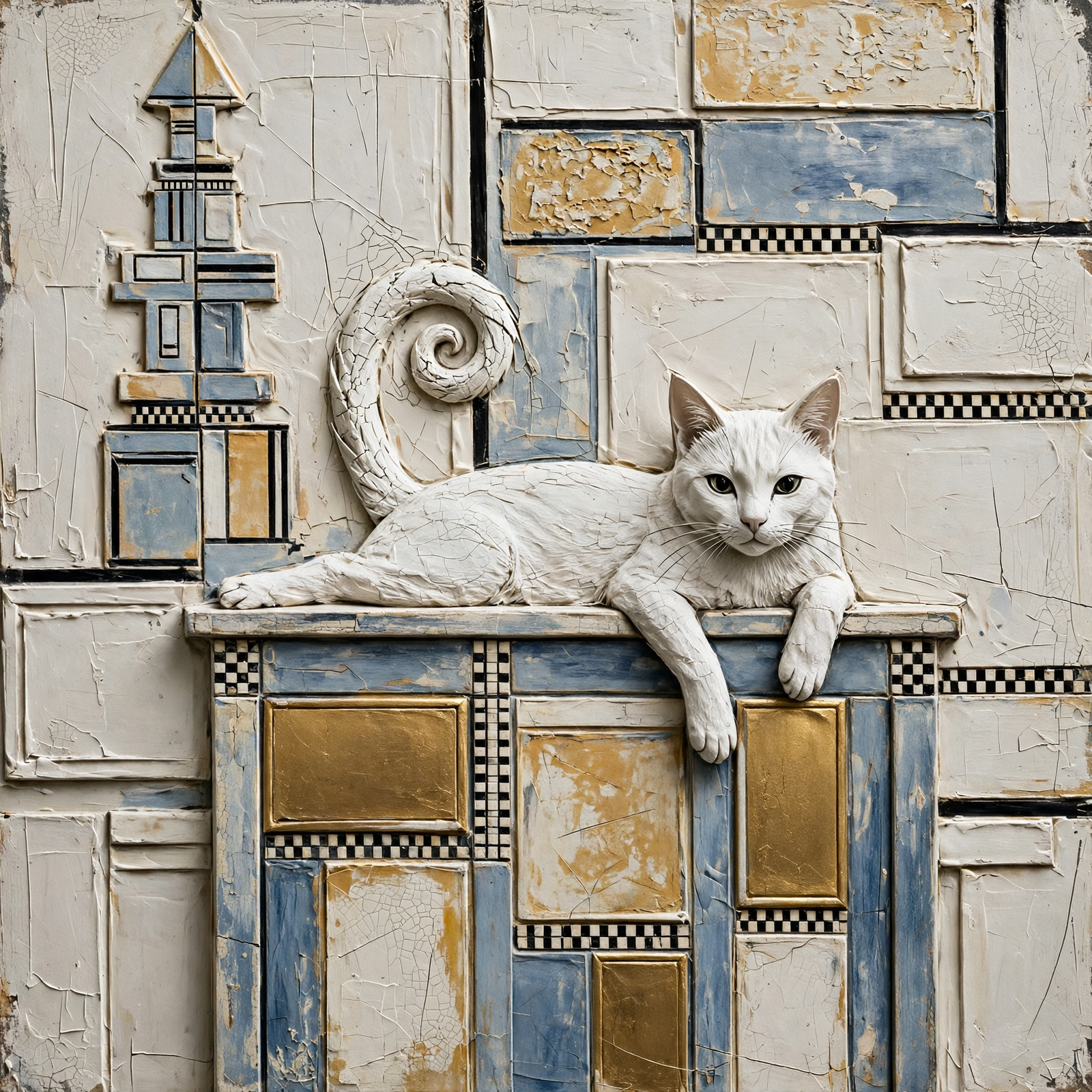 Textured impasto relief of a white cat lounging on a decorative tiled shelf, tail curled in a spiral