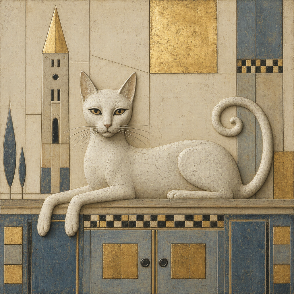 Stylized textured relief artwork of a reclining white cat with a curled spiral tail against an art deco geometric background