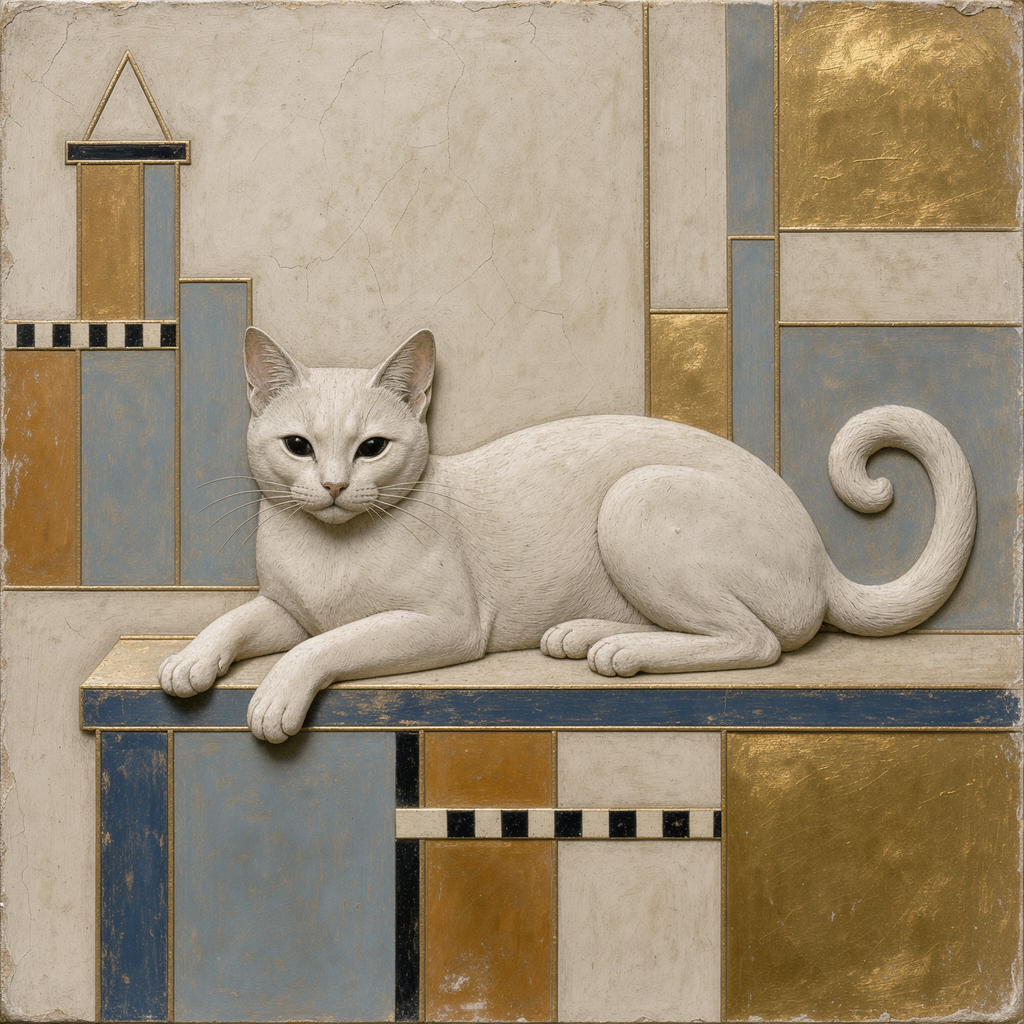 Pale white cat with a curled tail reclines on a decorative art deco geometric relief panel