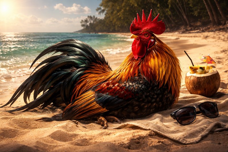 Colorful rooster lounging on a sandy beach with a coconut drink and sunglasses.