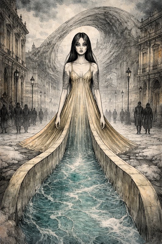 Surreal illustration of a woman in a flowing gown standing over a canal of water in a ruined city.
