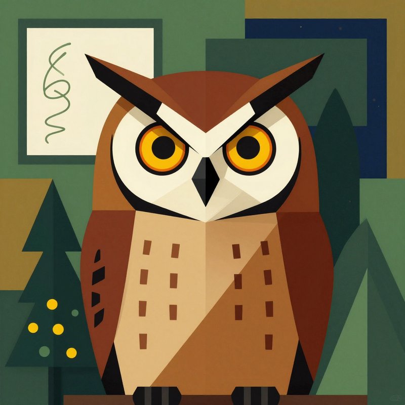 Geometric stylized owl art with large yellow eyes in a forest backdrop