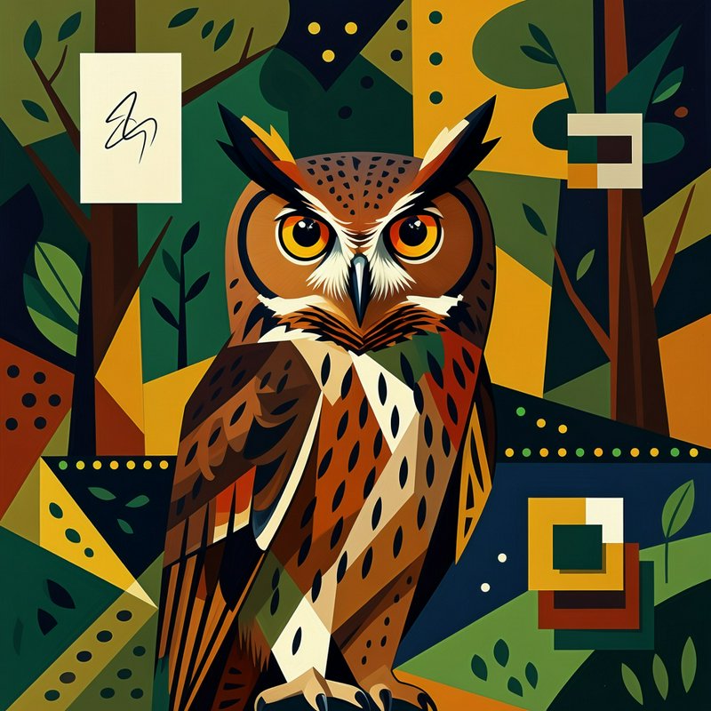 Geometric colorful owl illustration in a stylized forest scene.