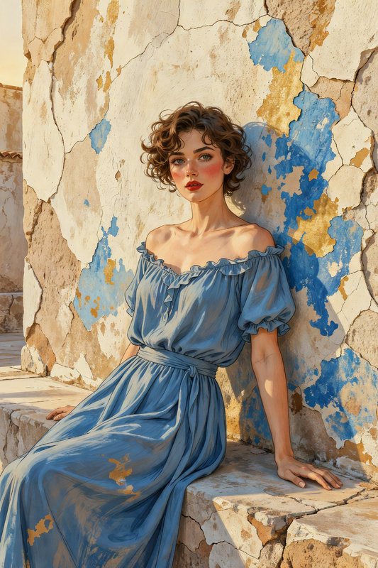 Loose, gestural brushwork with visible texture and dry-brush edges fused with refined figurative rendering and exaggerated feminine elegance, layered over a weathered fresco-like surface of peeling pigment and exposed plaster. The result should manifest as a painterly collision of polished illustration and aged decay, where crisp linework meets chalky, crumbling warmth.

A young woman with short, tousled brunette curls and striking blue-green eyes, rosy cheeks and red lips, leaning back casually against a low ledge. She wears a flowing cornflower-blue off-shoulder dress with ruffled neckline and a gathered sash at the waist, the fabric draping loosely with soft folds. Her expression is poised and quietly confident, gaze directed slightly off-camera.

A sun-bleached wall during warm afternoon light, its surface a patchwork of cracked cream plaster, patches of faded cerulean and ochre-gold pigment peeling away in organic shapes. A low stone or concrete ledge runs along the base. The palette is restrained to dusty ivory, sky blue, and golden amber, evoking a Mediterranean courtyard in gentle decline.