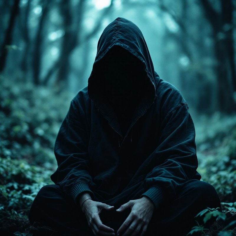 Hooded figure in a dark hoodie sitting cross-legged in a misty forest.