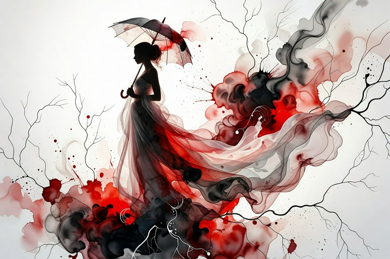 Silhouette of a woman holding an umbrella amid flowing red and black watercolor swirls.