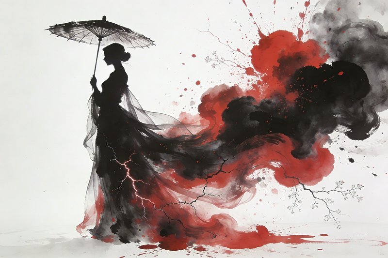 Silhouette of a woman with a parasol, flowing dress, against red and black ink splashes.