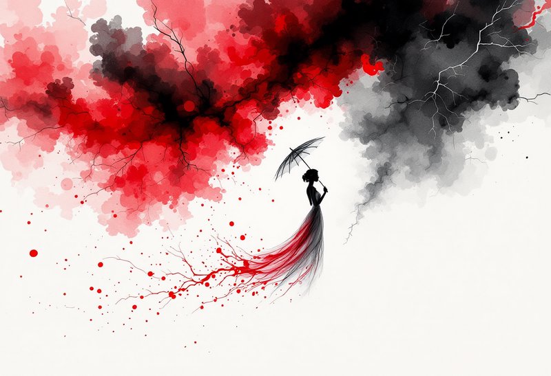 Silhouette of a woman with a parasol, red dress trailing into watercolor red and black clouds.