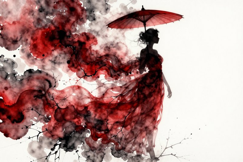 Silhouette of a woman in a flowing red dress with a parasol, amid red-black watercolor smoke.