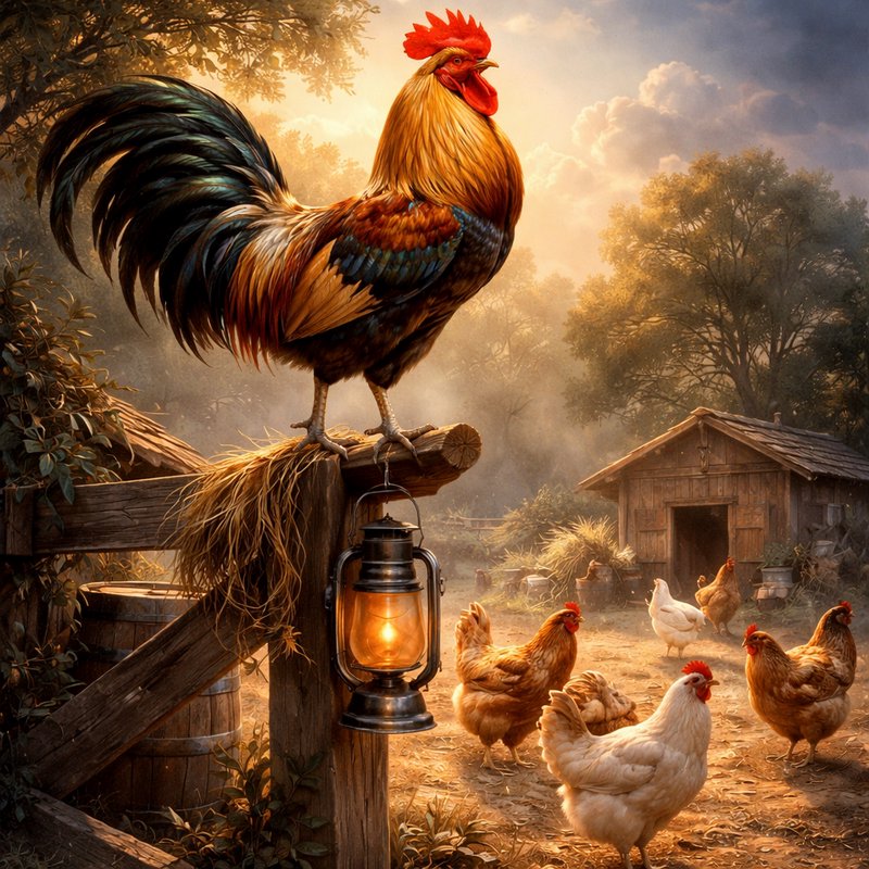 A vivid farm scene features a bold rooster perched | justrob on ...