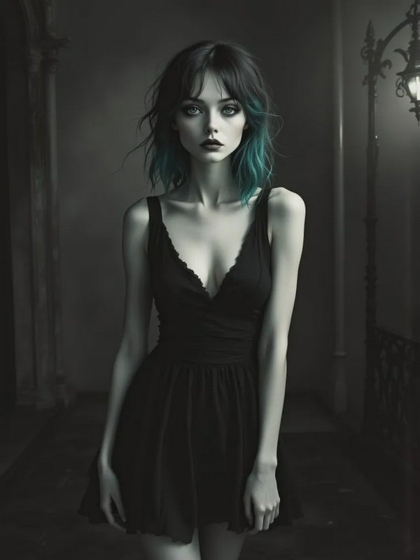 Girl with teal-tinted hair in a black dress stands in a moody, dim corridor.