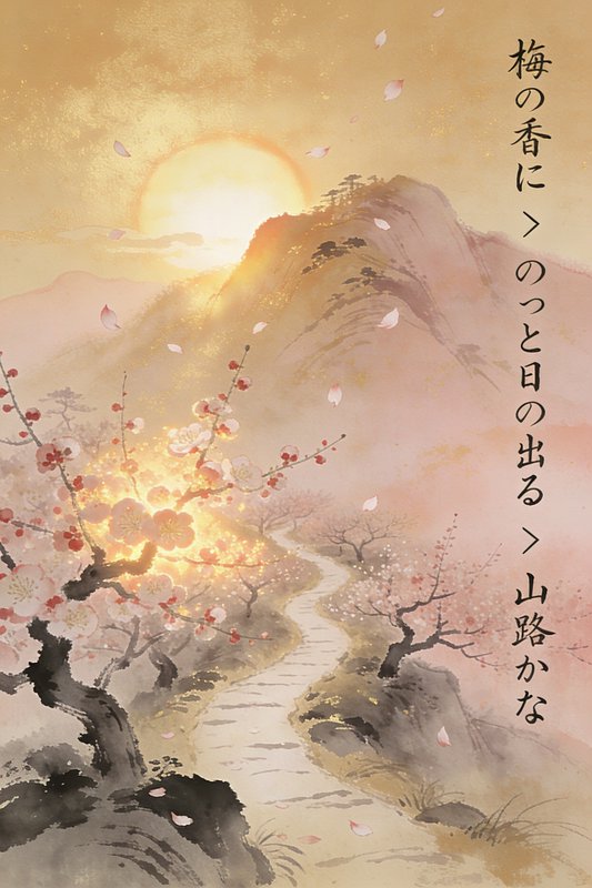 On sweet plum blossoms > The sun rises suddenly. > Look, a mountain path!

"梅の香に > のっと日の出る > 山路かな"