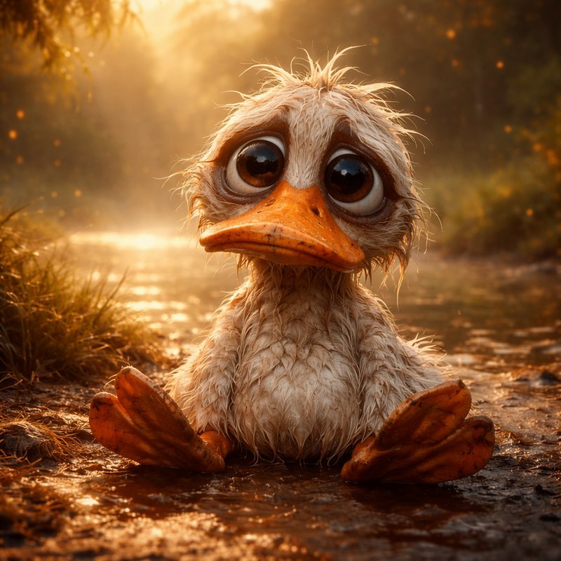 Wet baby duckling sitting in mud by a sunlit pond with large glossy eyes.