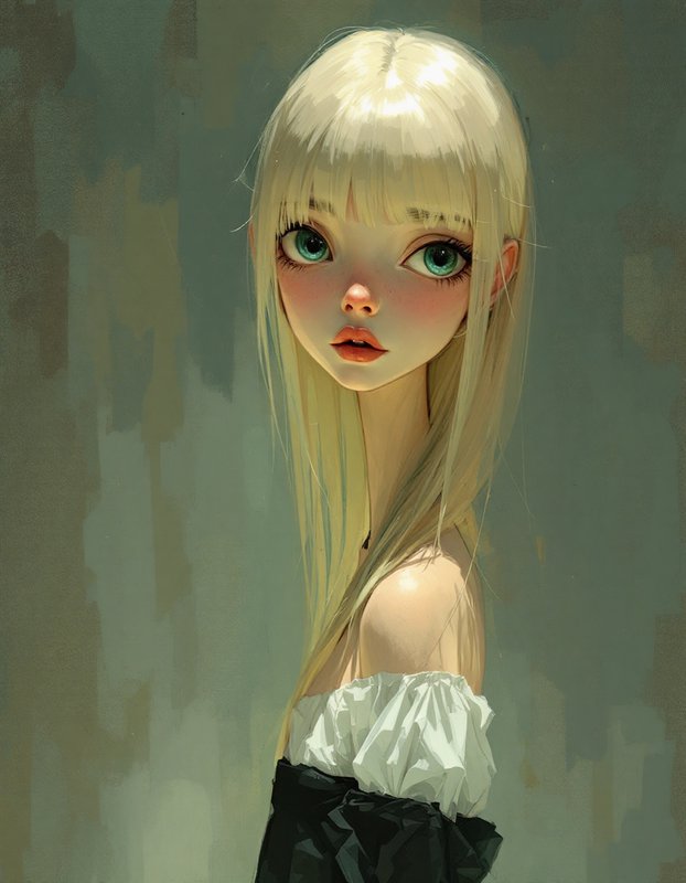 Digital art of a doll-like anime girl with long blonde hair and green eyes in an off-shoulder white top.
