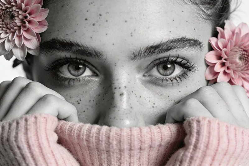 Close-up portrait of a freckled girl with pink flowers in hair and a pink knit sweater.