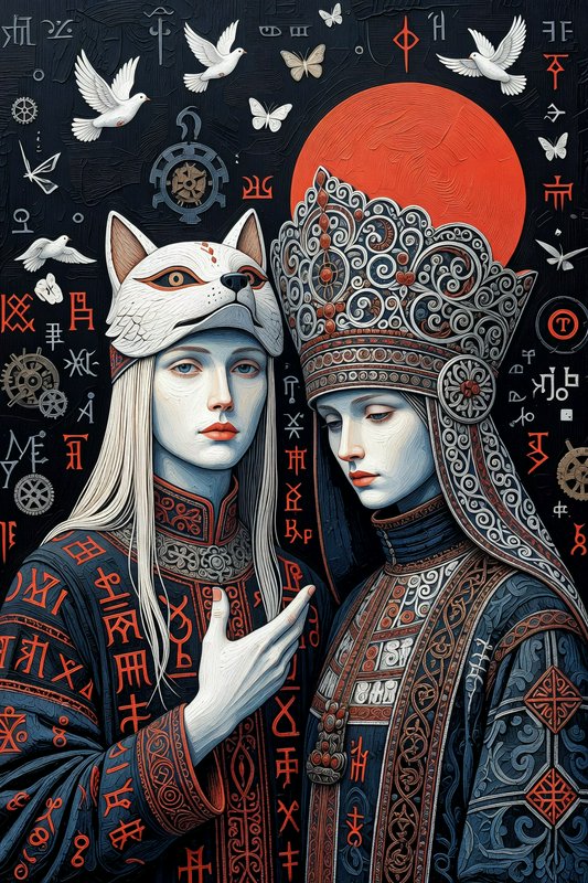 Heavy impasto woodcut texture fused with ornamental Slavic illustration and confrontational graphic portraiture. Thick carved linework builds densely layered surfaces while filigree patterning spirals through fabric and headdresses with obsessive intricacy. A restricted palette of slate blue, bone white, and deep black is punctuated by bold vermillion accents, producing the effect of a hand-inked icon pressed from a deeply gouged block.

Two pale androgynous figures shown in close crop, facing the viewer with solemn blue eyes and flushed coral lips. The left figure wears a sculpted white fox mask pushed up on the forehead, its amber eyes gleaming, with long pale hair and dark elaborately embroidered garments bearing arcane sigils. One elegant hand is raised with fingers loosely spread. The right figure wears a tall ornate kokoshnik crown dense with scrollwork filigree, a dark high-collared vestment trimmed in copper knotwork, and a quiet downward gaze.

A flat black background dense with scratched texture, fragmented glyphs, and scattered mechanical shapes. White doves and small butterflies drift through the upper space. A large solid vermillion sun disc hangs behind the crowned figure, its stark geometry breaking the darkness. Faint red characters and geometric symbols are etched into the surrounding blackness like marks carved into lacquered wood.