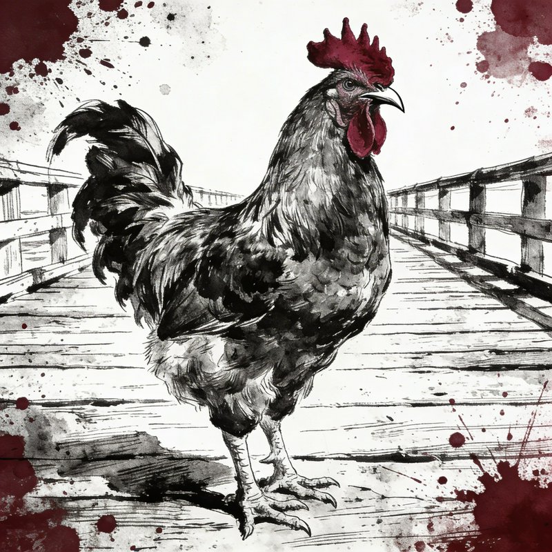 Black-and-white ink drawing of a rooster standing on a wooden bridge with red paint splatters.