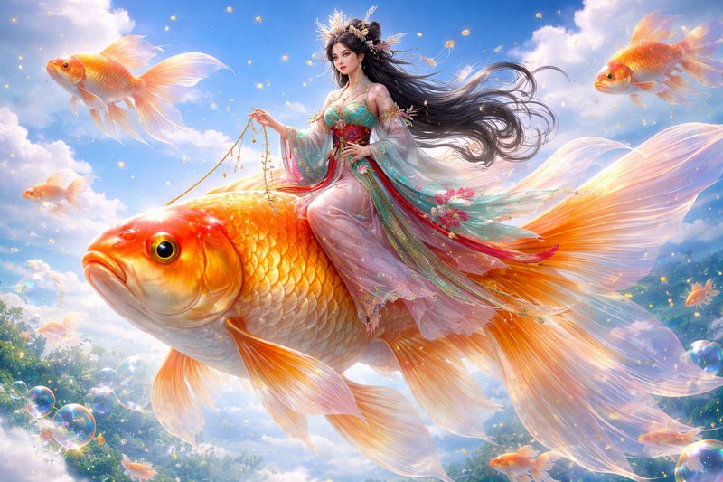 A fantasy woman rides a large orange goldfish through a bright sky with smaller fish and bubbles.