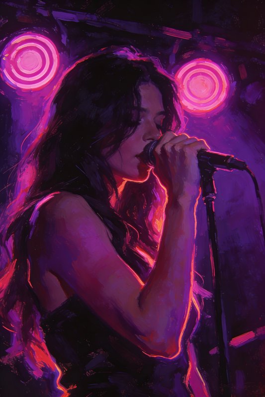A female singer performing on stage with a microphone under pink neon circular lights.