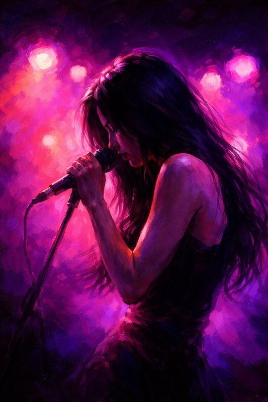 Silhouette of a female singer with microphone on stage under vivid purple-pink lights.