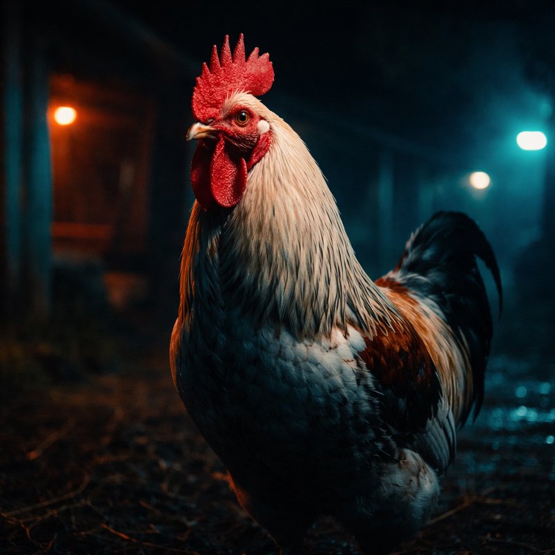 Close-up of a rooster at night with a bright red comb and vivid plumage under neon lights