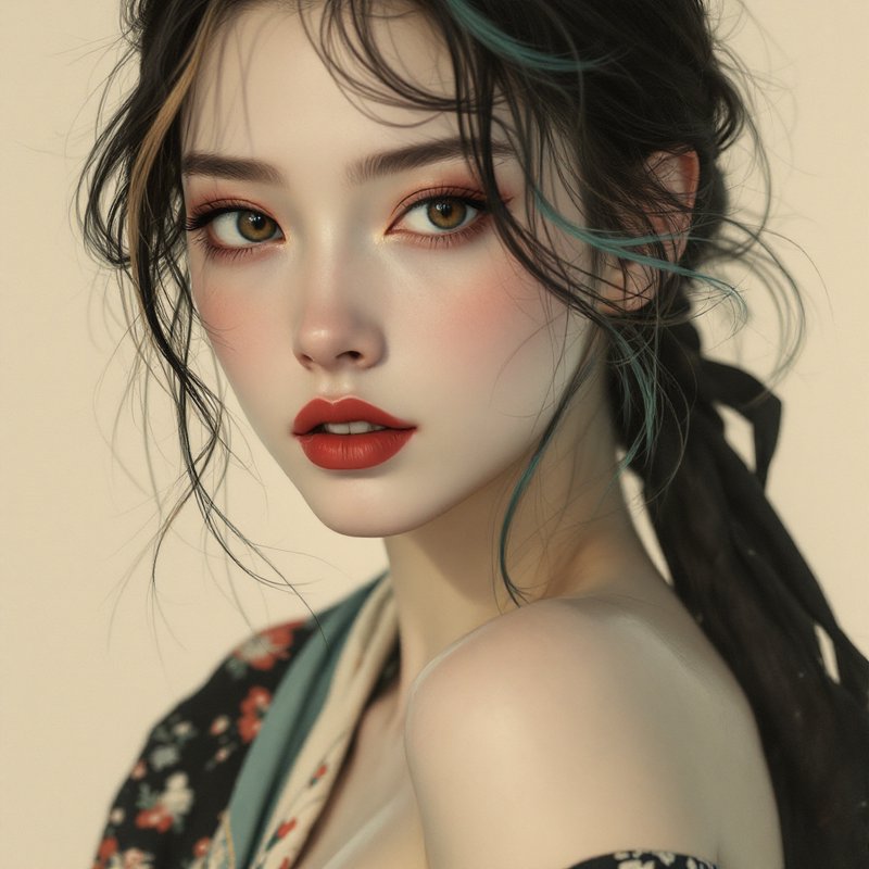 Close-up portrait of a young woman with red lips, warm makeup, and teal-tinted hair strands.