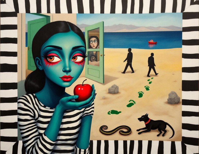 Surreal painting of blue-skinned girl in a striped shirt holding an apple by a beach scene with green doors and footprints.